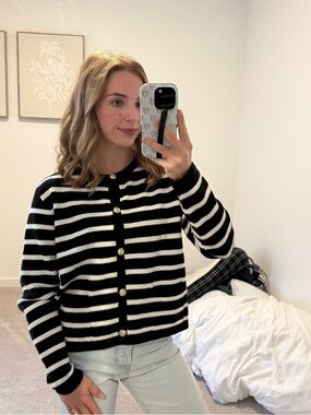 Black & White Striped Button-Up Women's Sweater Cardigan Lillusory Size Small